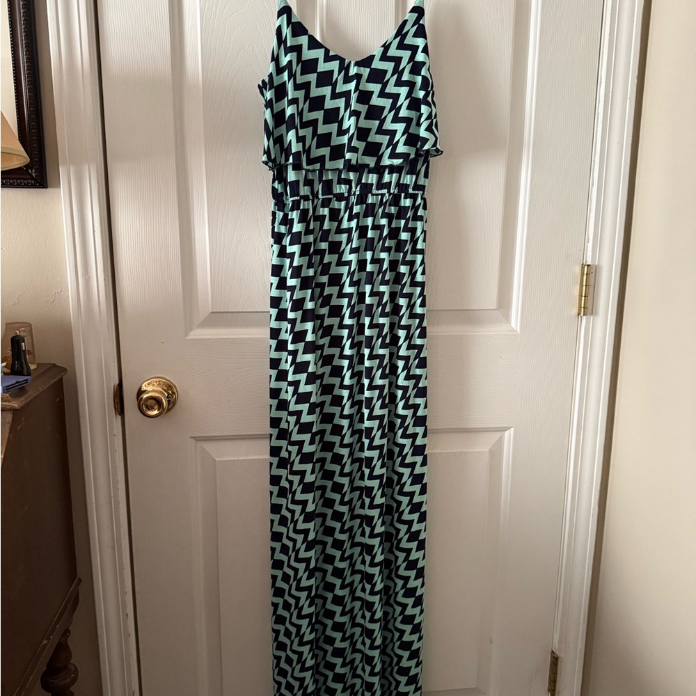 Trixx Navy and Mint Chevron Maxi Dress